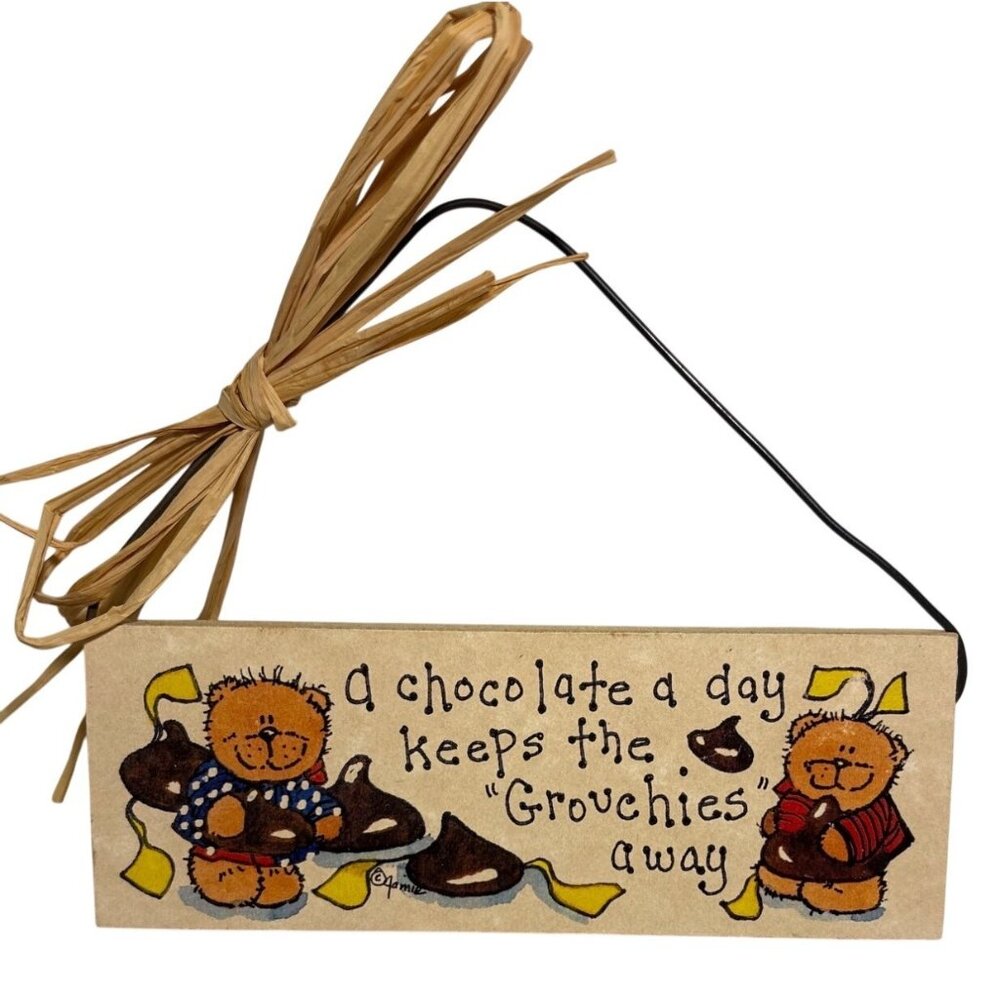 Handcrafted Wooden Wall Plaque  Chocolate Themed Bear Design 5 x 2"